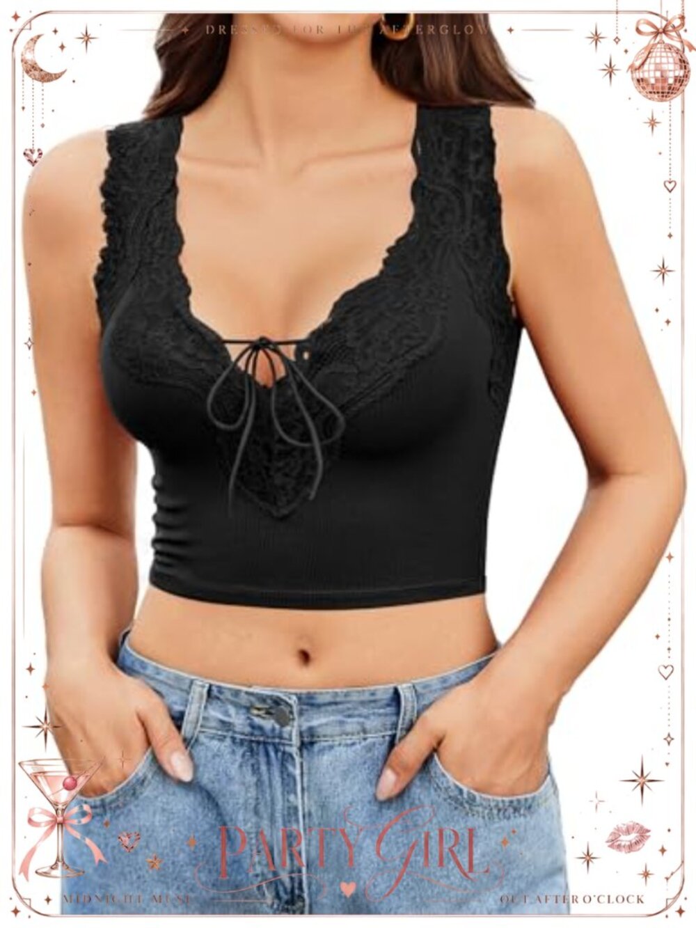 Avidlove Lace Patchwork Ribbed V Neck Tie Front Cropped Tank Top